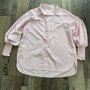 Women's Pink Smocked Cuffed‎ Striped Boyfriend Shirt with Pocket Size Small